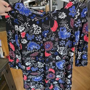 Black Floral Shift Dress with Blue and Red Flowers